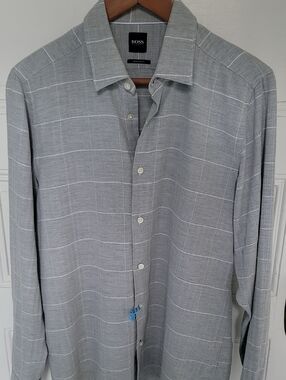 BOSS Black Label Light Gray Windowpane Long Sleeve 100 % Cotton Button-up Shirt